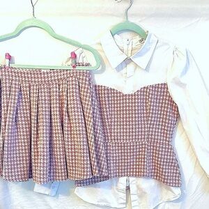 Pink Barbie Mini Pleated Skirt Set Houndstooth Print Peplum Top Small